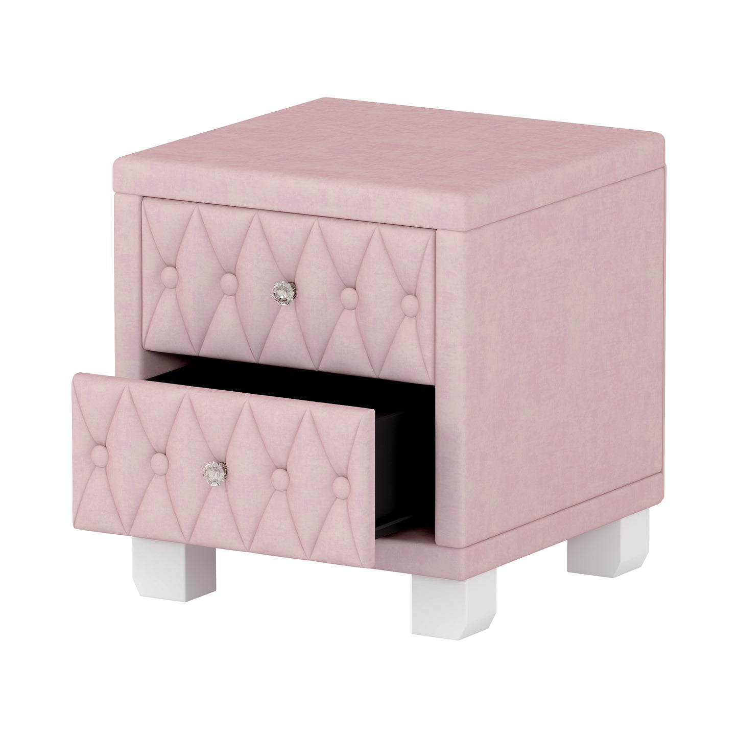 Pink velvet nightstand with tufted drawers and crystal knobs Modern bedside table for bedroom storage