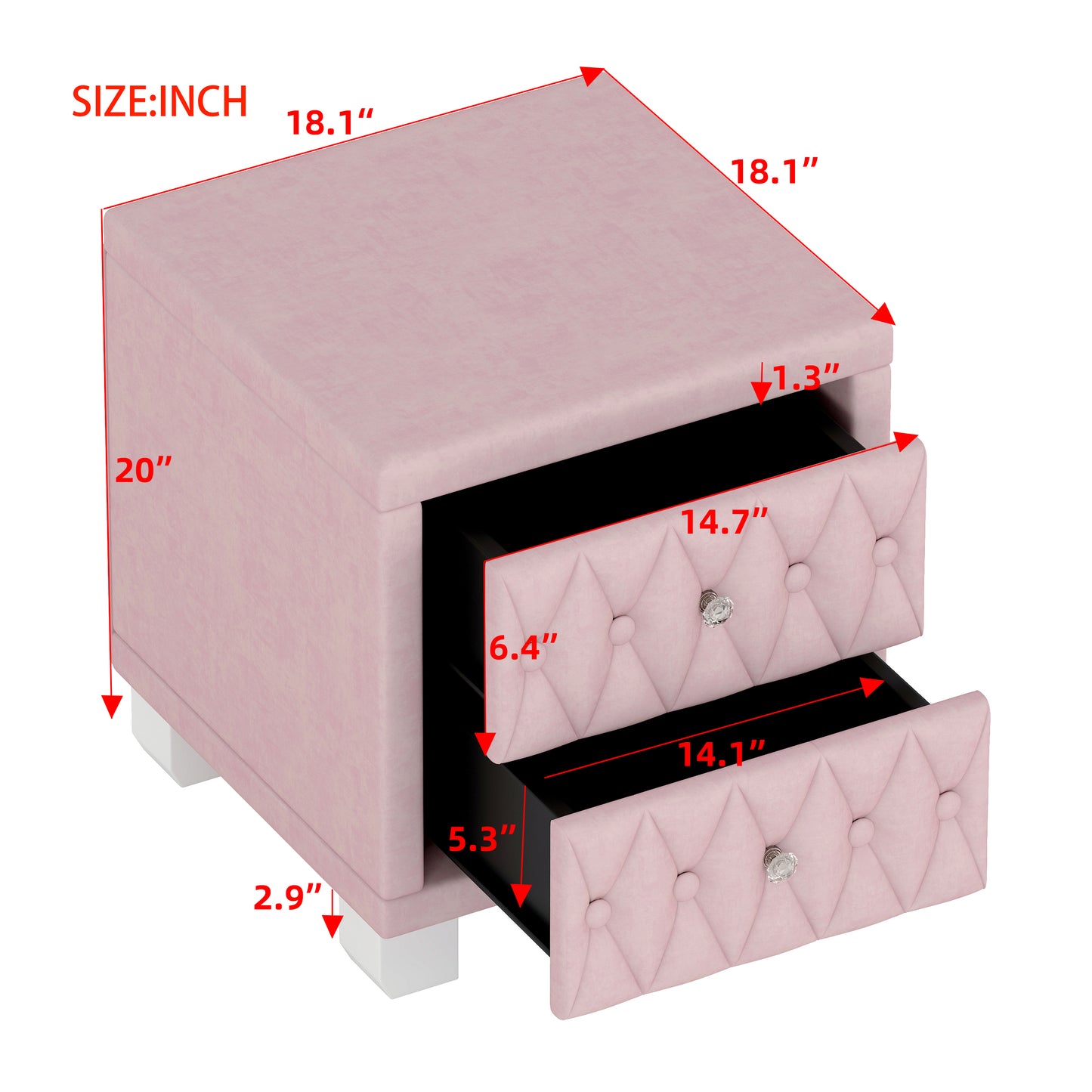 Pink velvet twodrawer nightstand with tufted design and crystal knobs