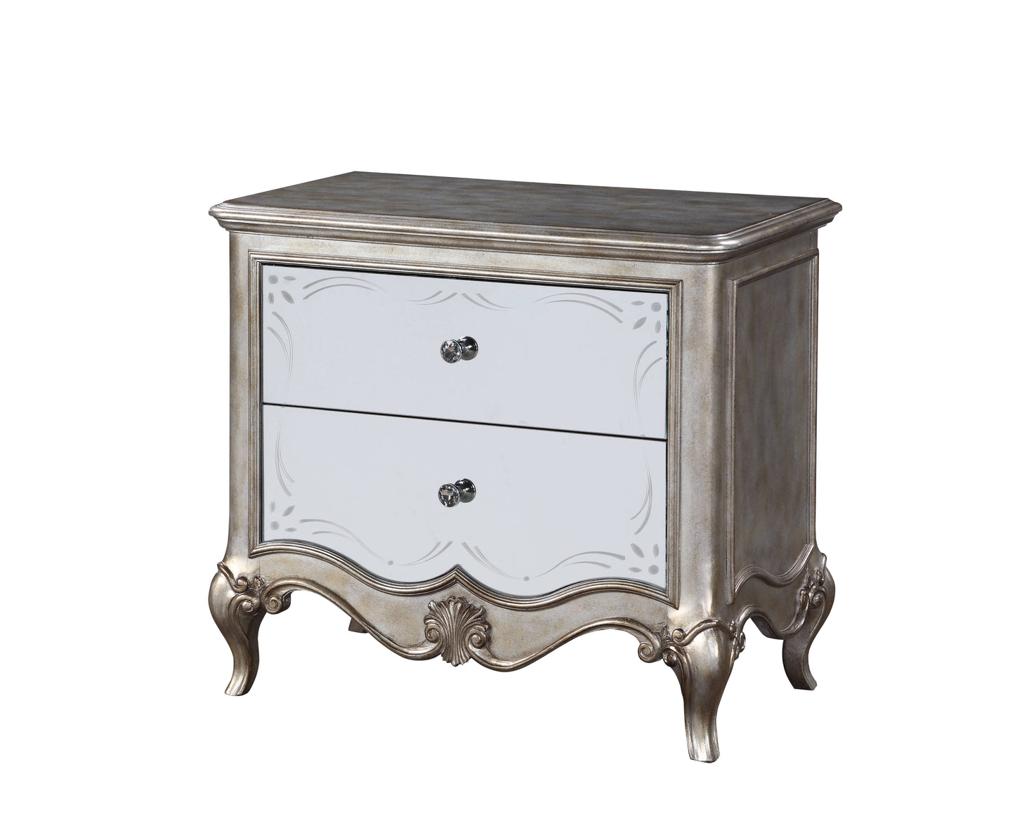 Antique silver nightstand with mirrored drawers and ornate carvings