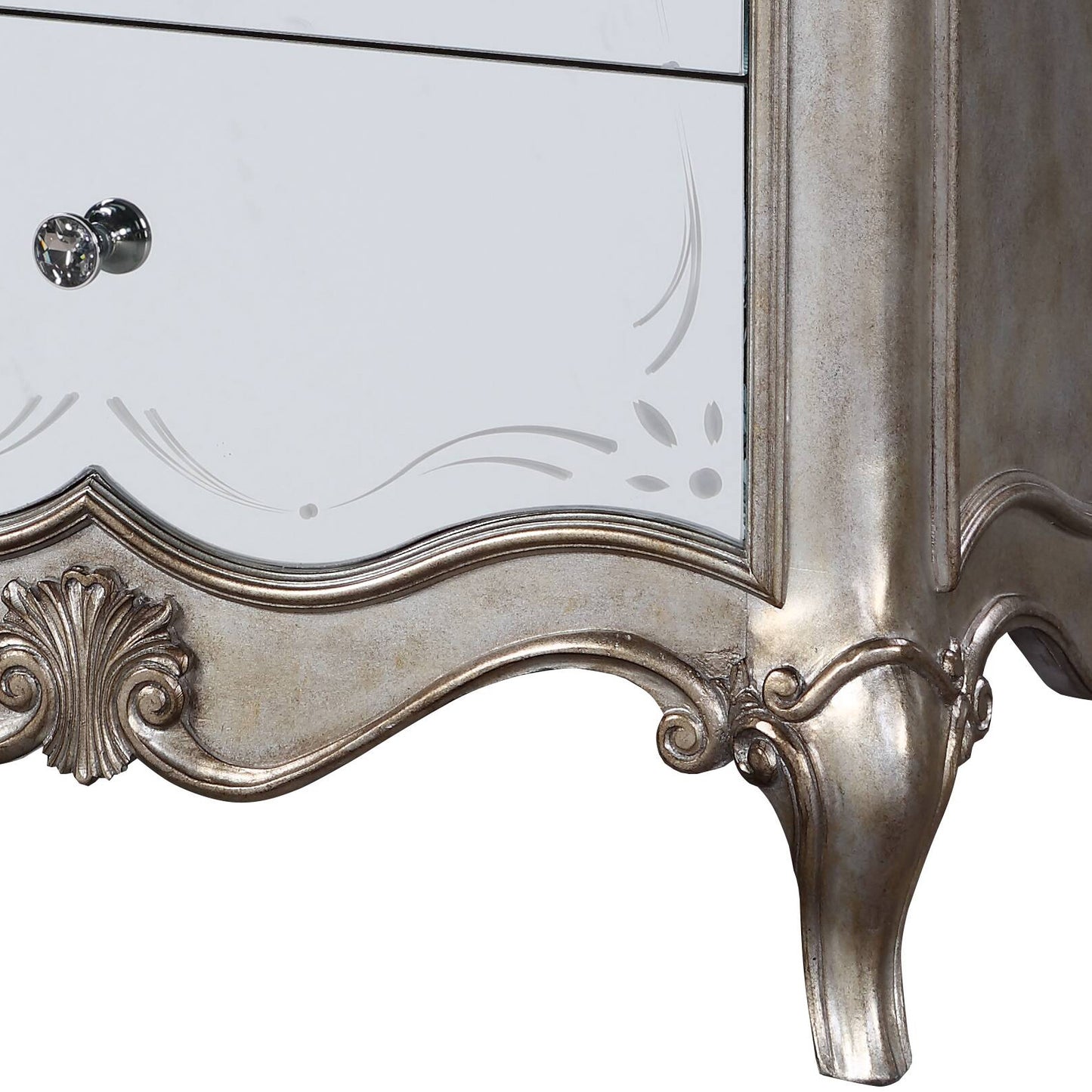 Antique silver ornate mirrored dresser drawer with crystal knob