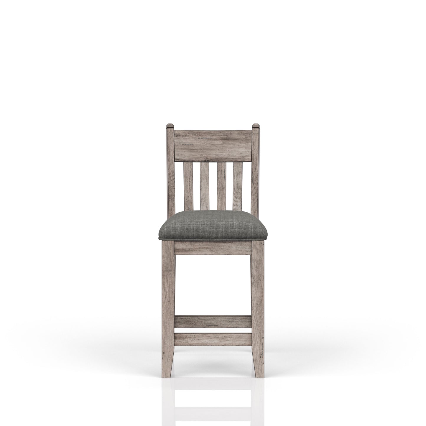 Rustic oak wood counter stool with grey upholstered seat