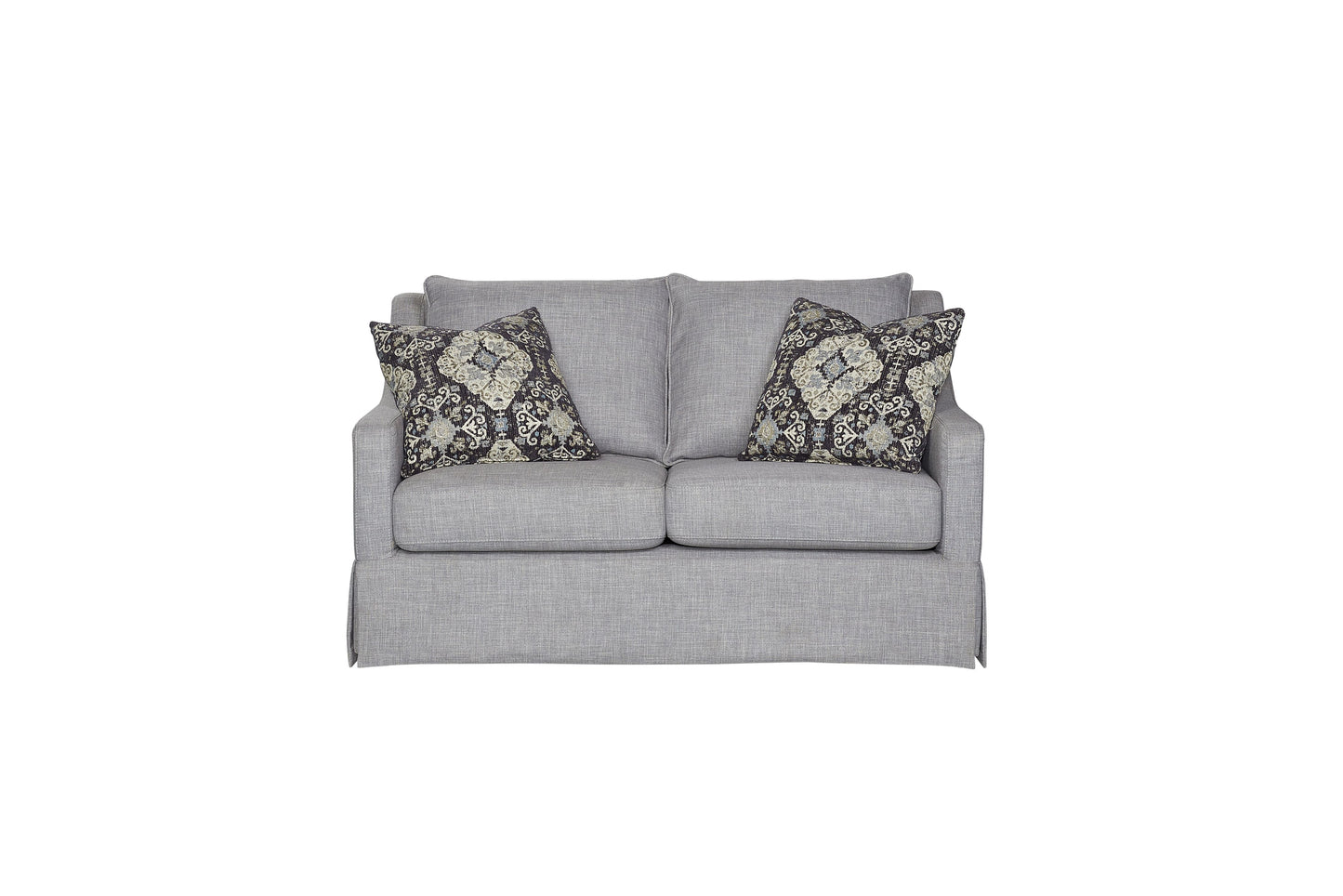Gray fabric loveseat with damask throw pillows