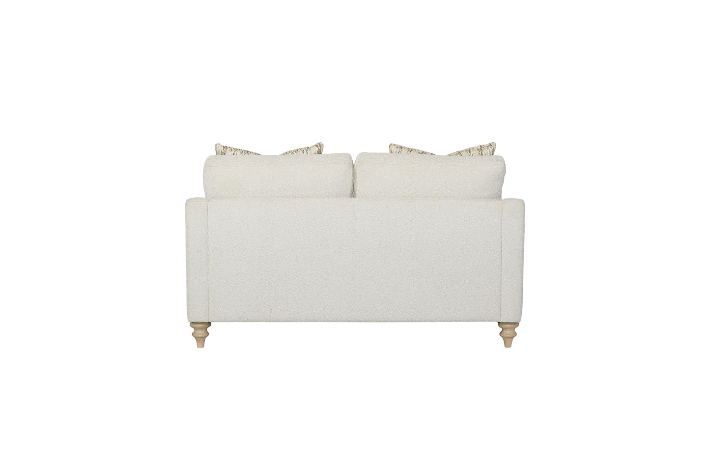 Back view of a creamcolored textured fabric sofa with decorative lumbar pillows and turned wooden legs