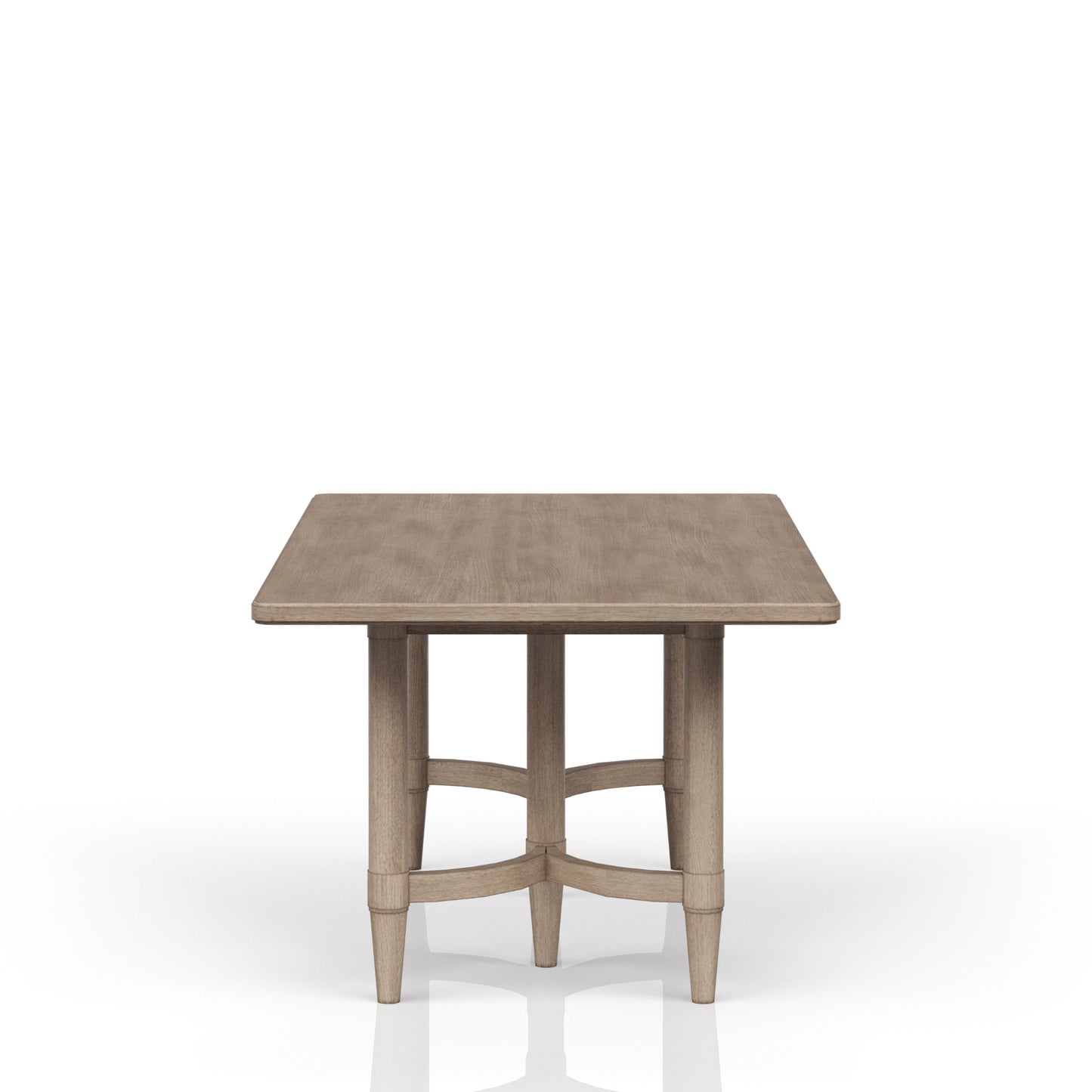Square grey oak dining table with tapered legs and carved accents