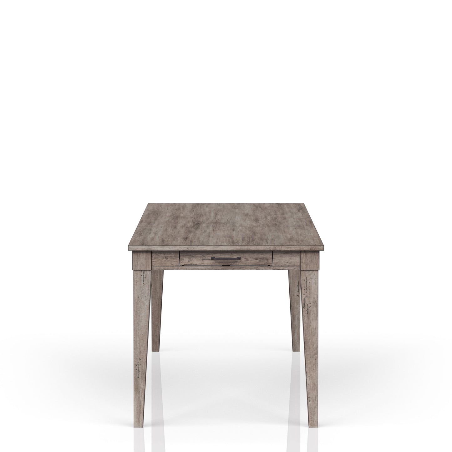 Rustic grey wood dining table with single drawer and dark metal pull