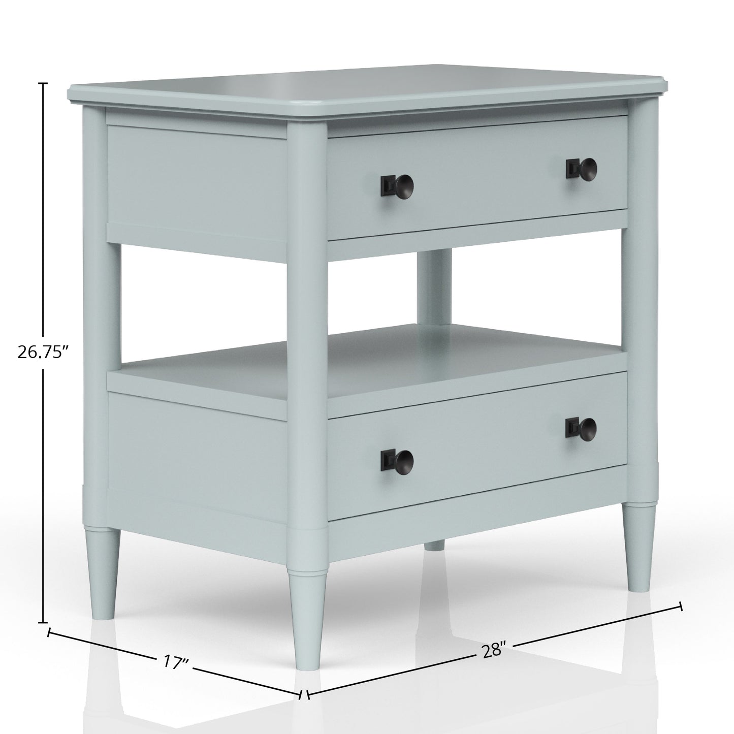 Light blue twodrawer end table with black knobs and tapered legs