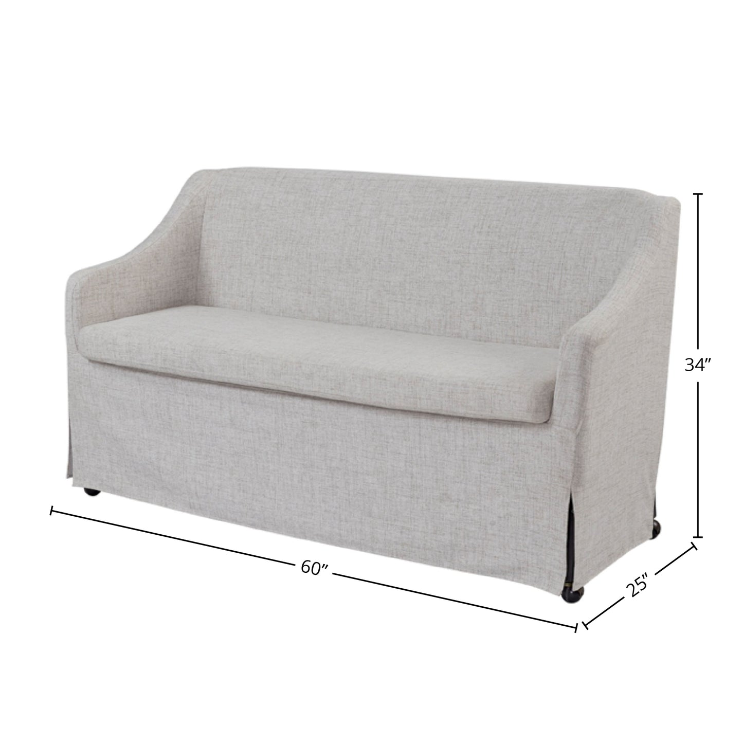 Light gray linen upholstered sofa with skirted base