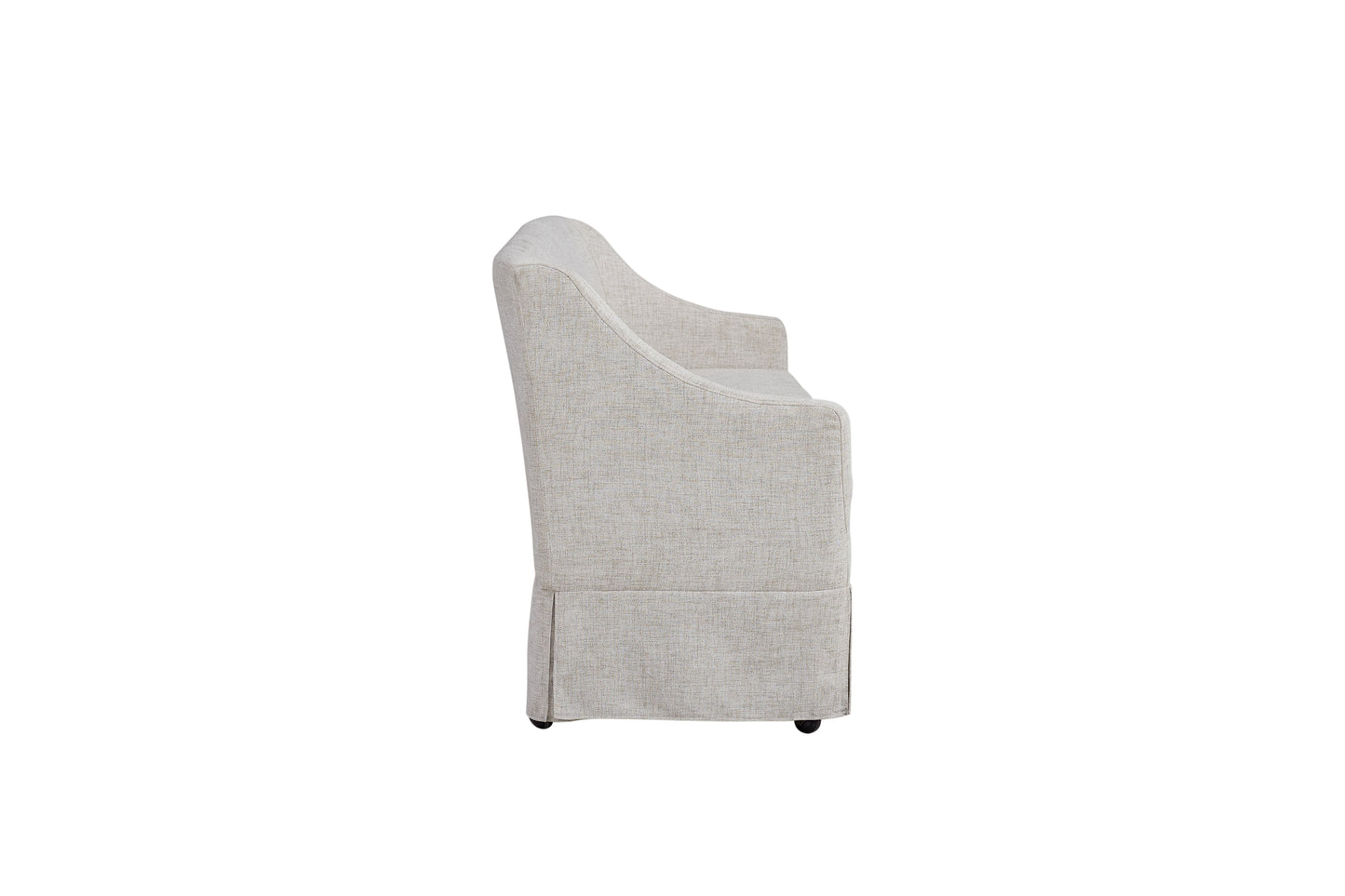 Beige upholstered armchair with skirted base and casters