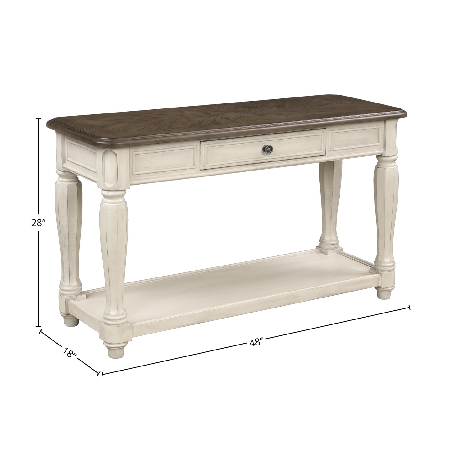 White and brown console table with drawer and shelf