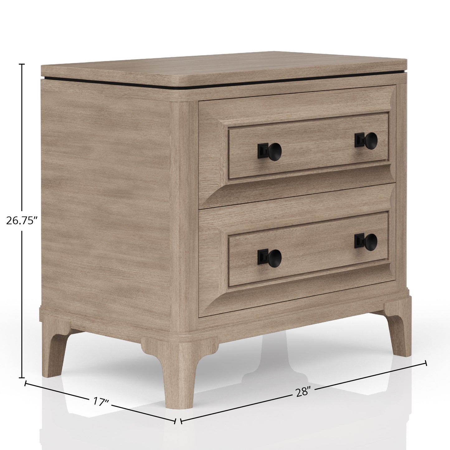Light oak bedside table with two drawers and black hardware