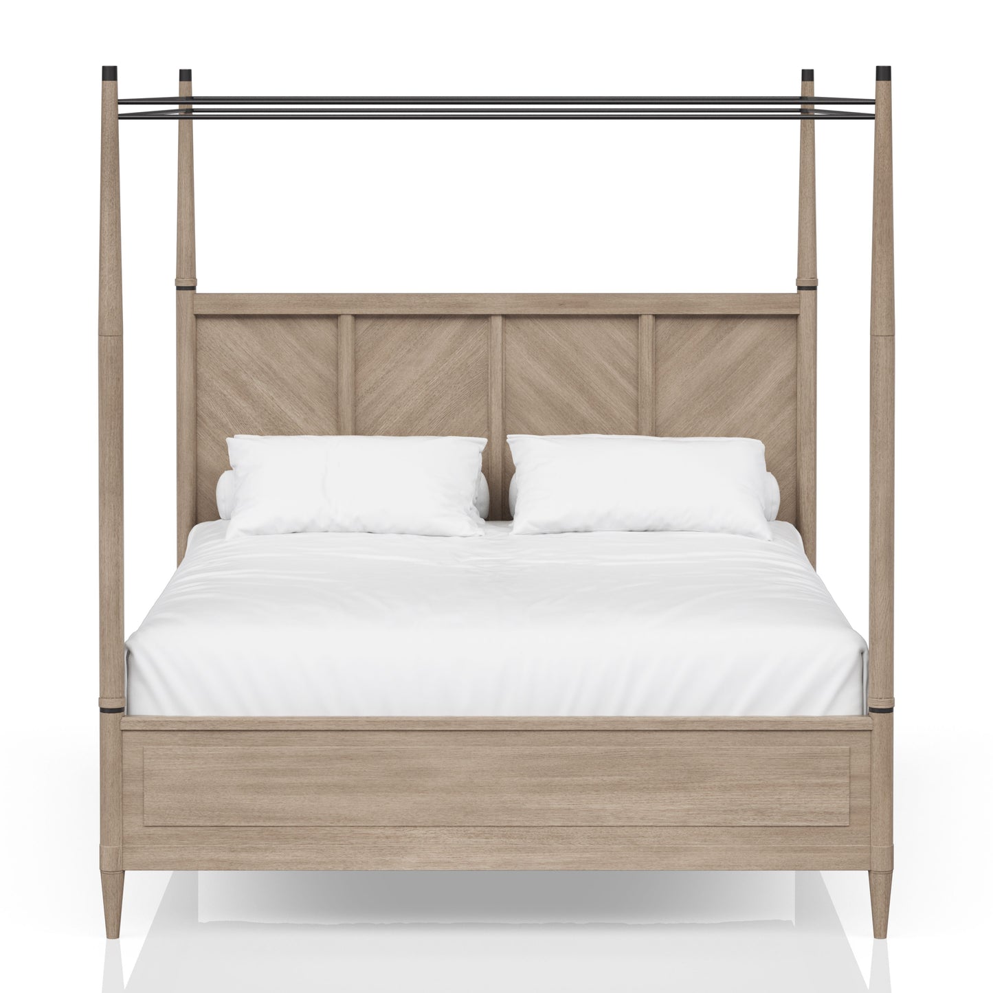 Light oak fourposter bed with minimalist metal canopy