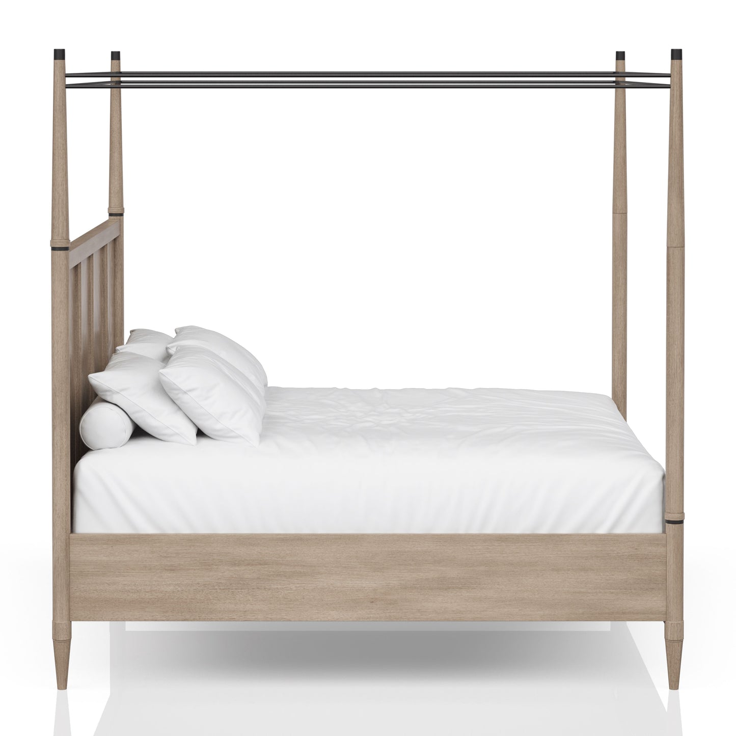 Light oak wood fourposter bed frame with minimalist black metal canopy rods