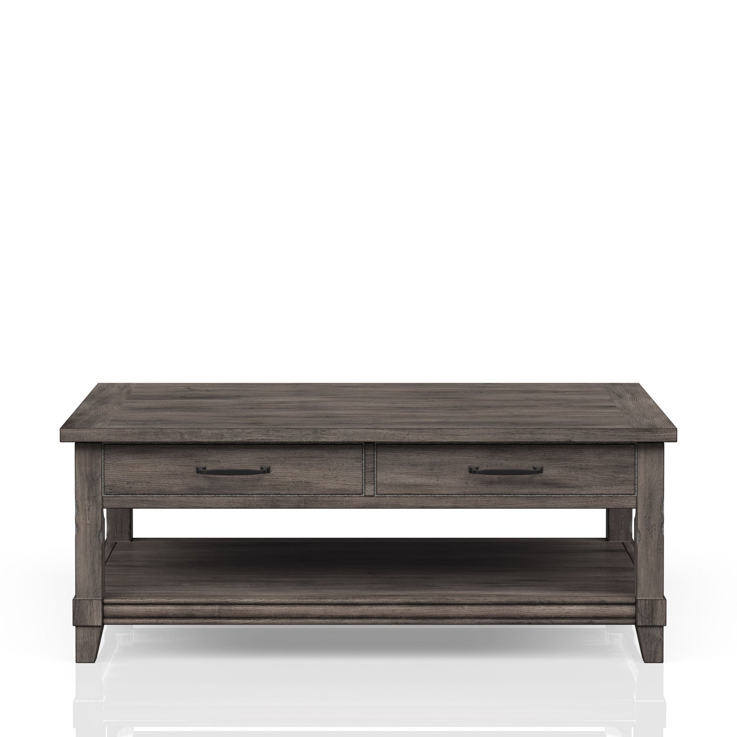 Rustic grey oak coffee table with two drawers and open bottom shelf