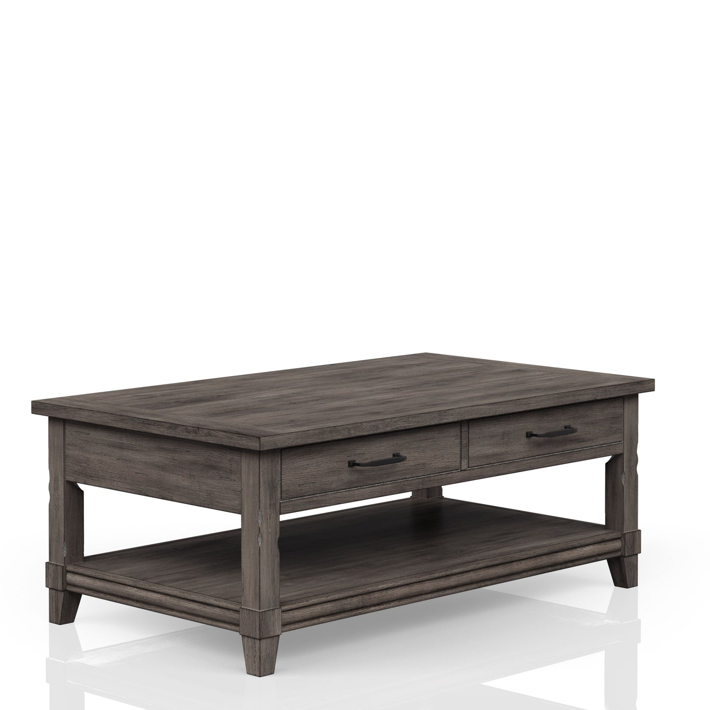 Rustic dark gray wooden coffee table with two drawers and a lower shelf
