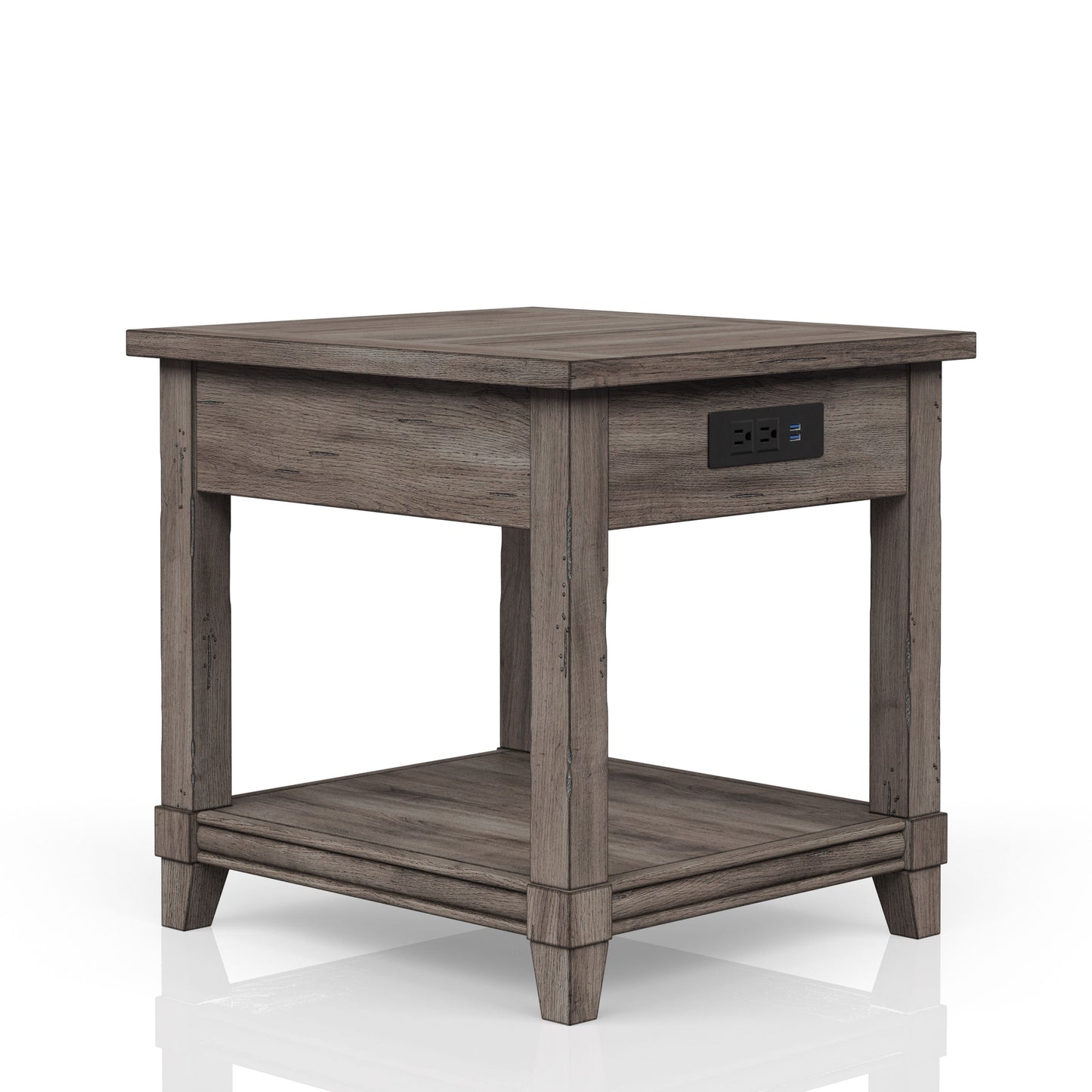 Rustic gray end table with builtin USB and power outlets