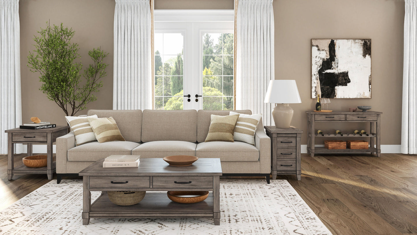 Rustic gray wooden end table with drawer and Montblanc book