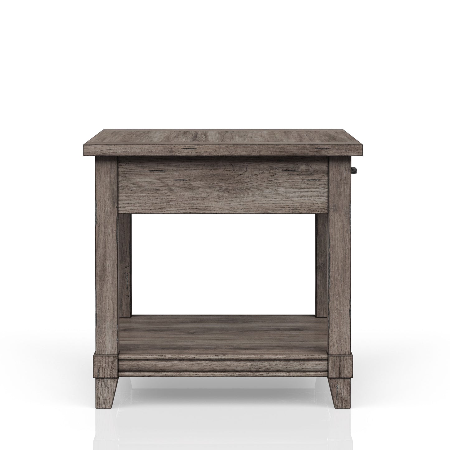 Rustic grey wood end table with one drawer and an open shelf