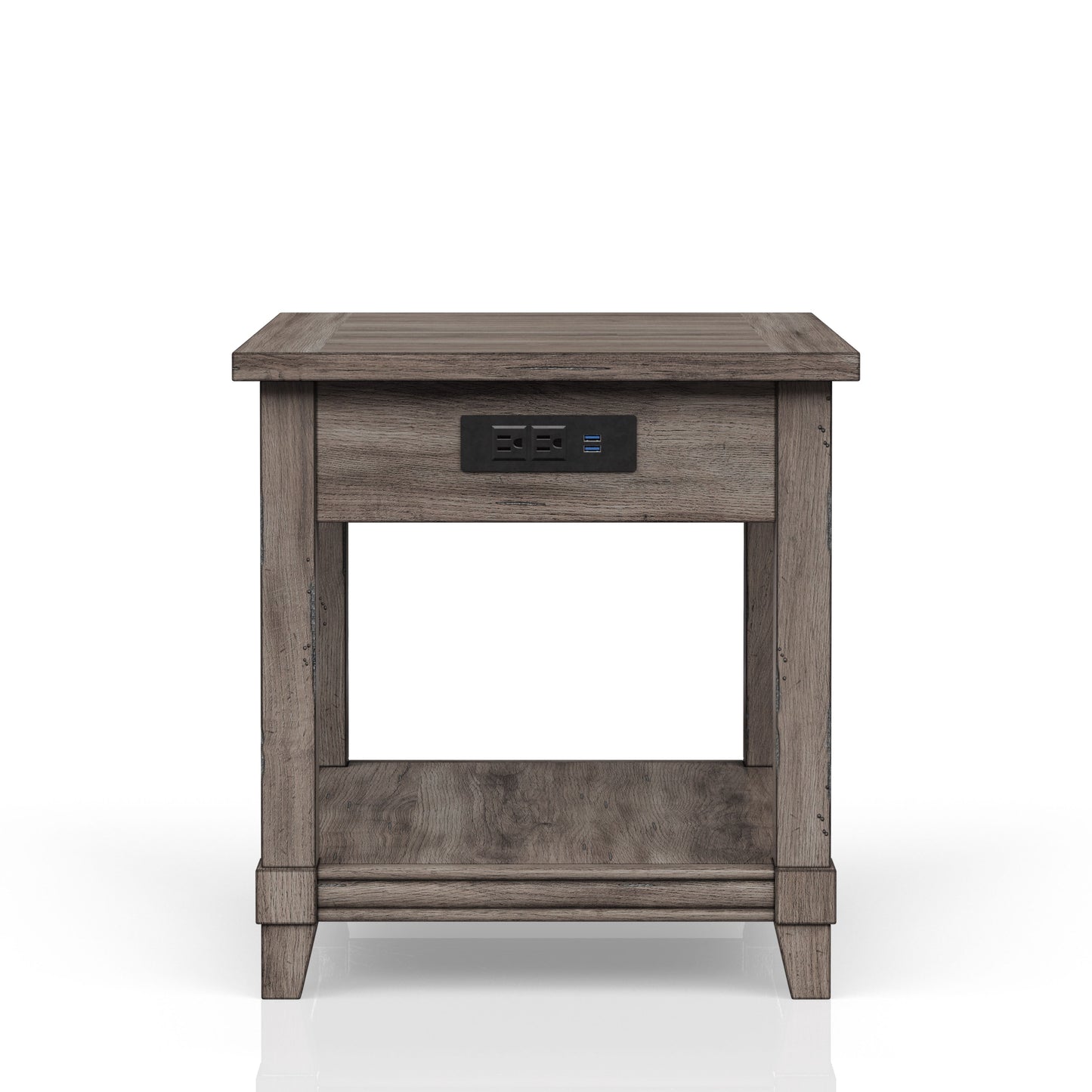 Rustic brown wood nightstand with builtin USB ports and outlets