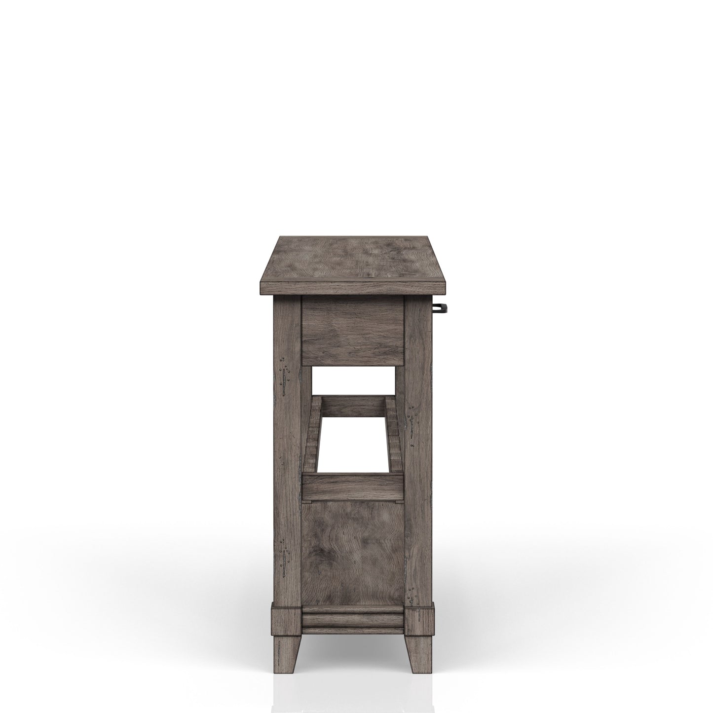Rustic wood end table with open shelf and drawer