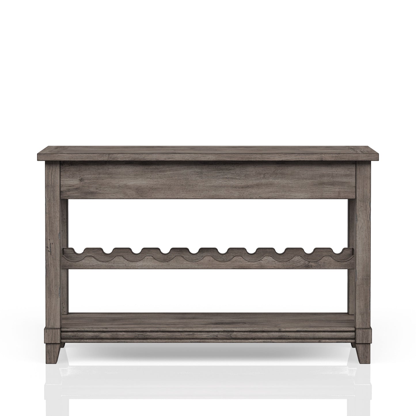 Rustic gray wood console table with two shelves for wine bottles