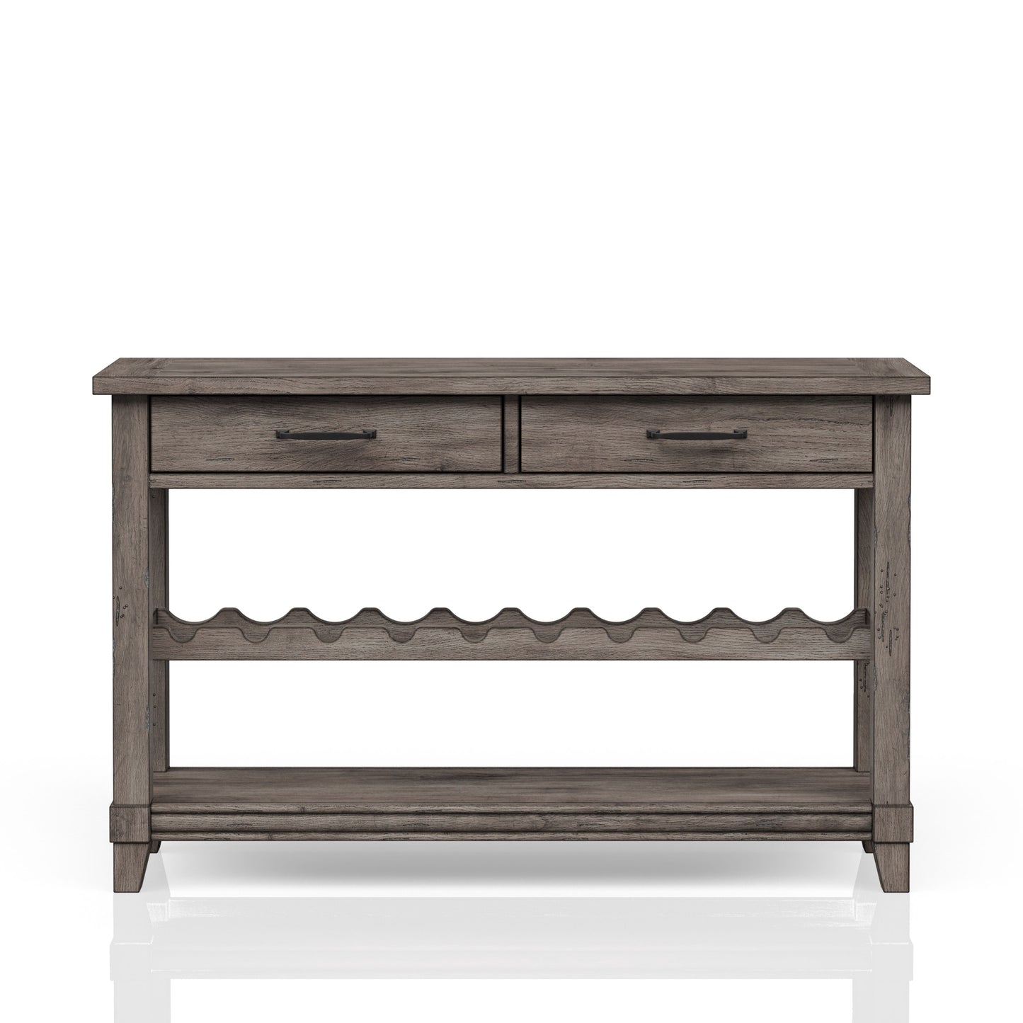 Grey wood console table with two drawers and a wine rack