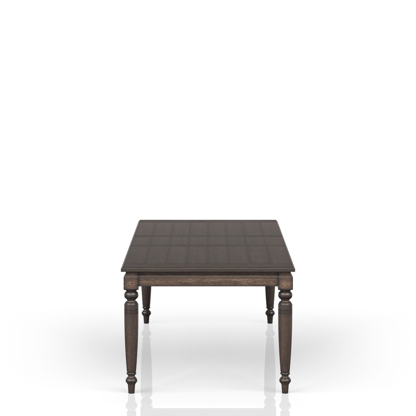 Dark wood dining table with carved legs and a tiled surface