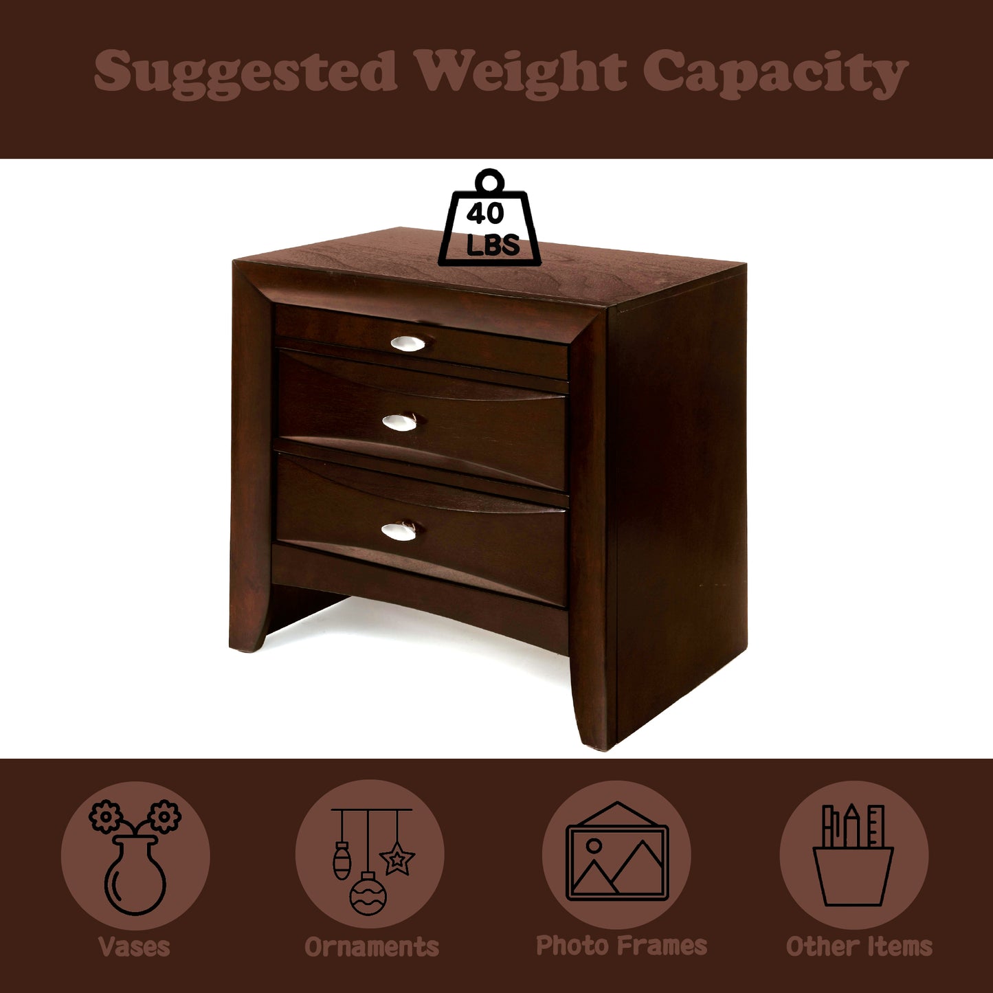 Dark wood threedrawer nightstand with curved drawer fronts