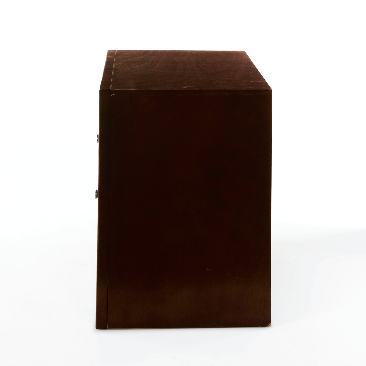 Dark brown wooden dresser side profile with subtle grain