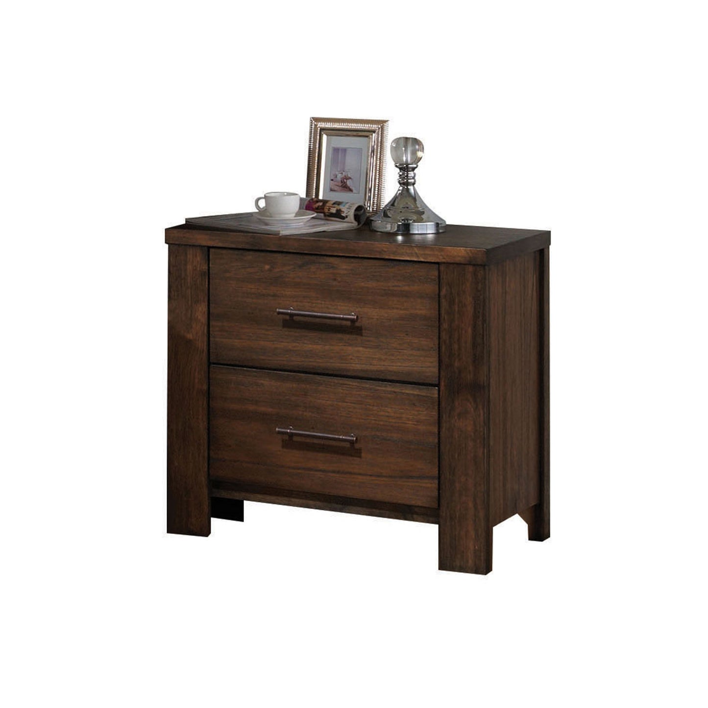 Dark brown wood nightstand with two drawers and metal handles