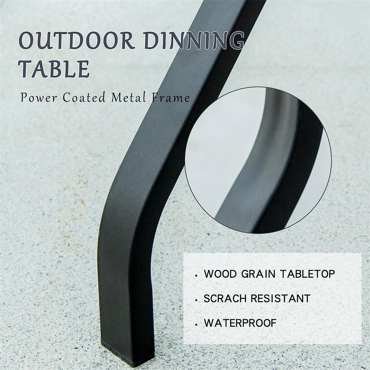 Outdoor dining table with black powdercoated metal frame