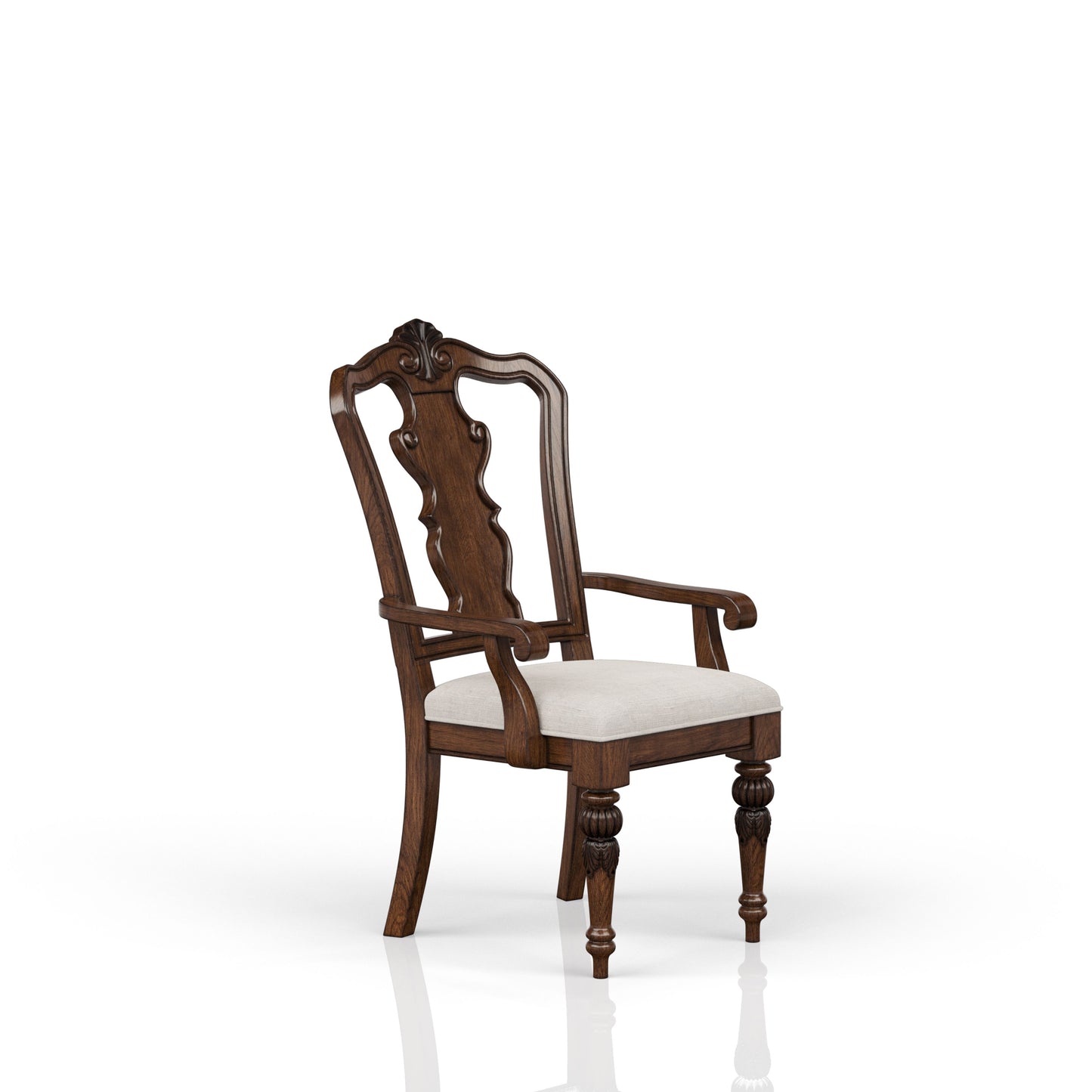 Dark wood dining chair with ornate carved backrest and upholstered seat