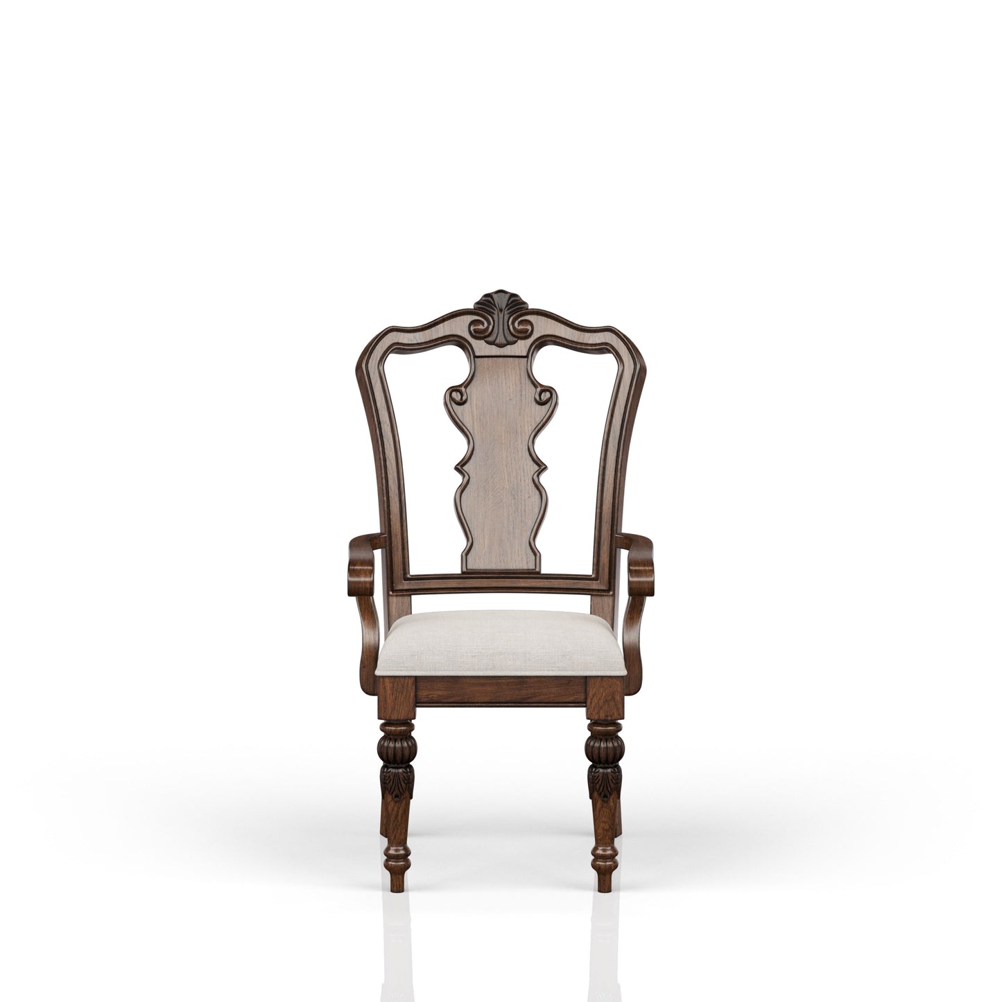 Elegant carved walnut arm chair with upholstered linen seat