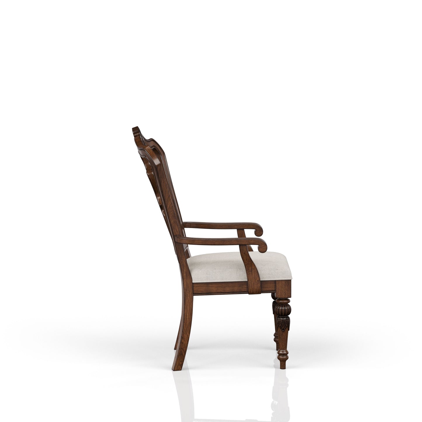 Classic wooden armchair with ornate carved details and cream upholstered seat