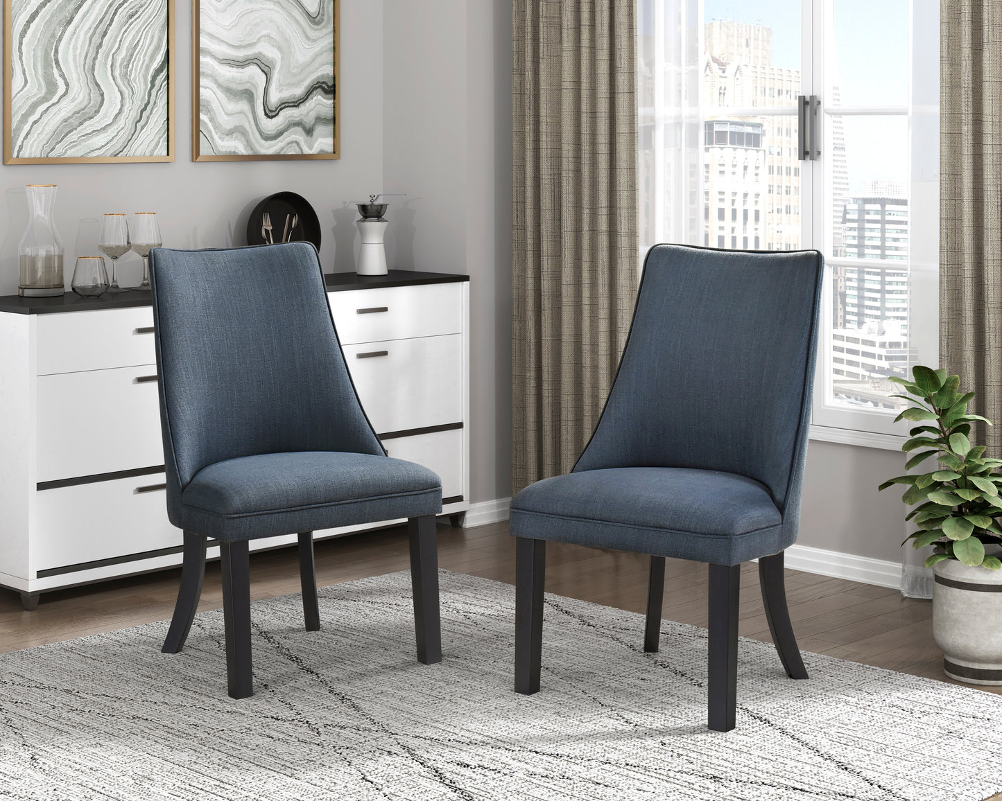 TREATLIFE HOME Set of 2 Modern Side Chairs with Textured Blue Fabric Upholstery and Dark Walnut Finish Wooden Legs