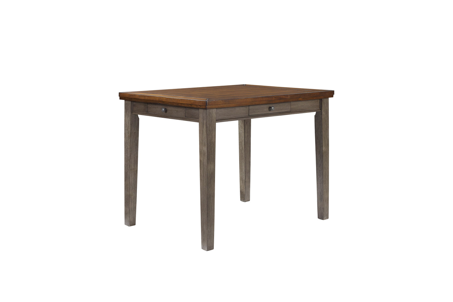 Wooden dining table with distressed gray legs and two drawers