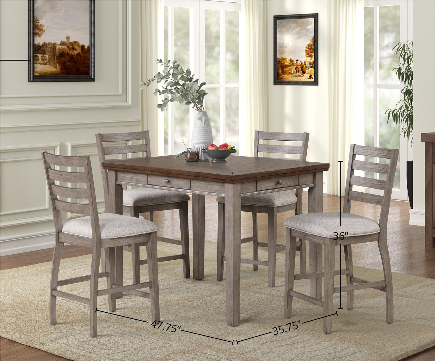 Gray wood counter height dining set with upholstered seats