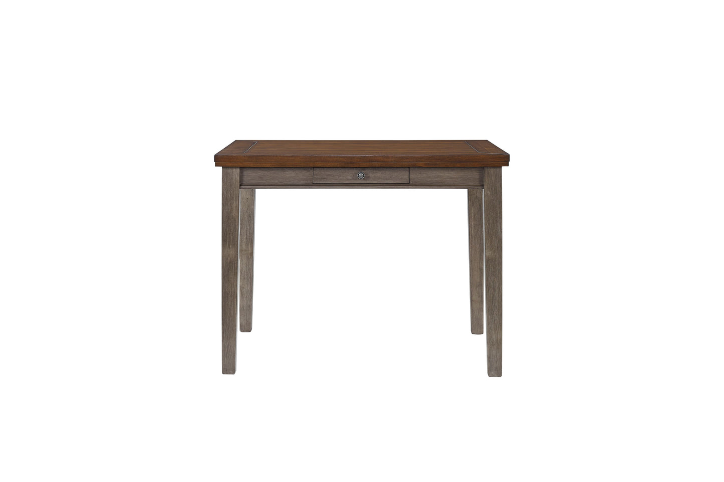 Rustic grey wood end table with dark wood top and single drawer