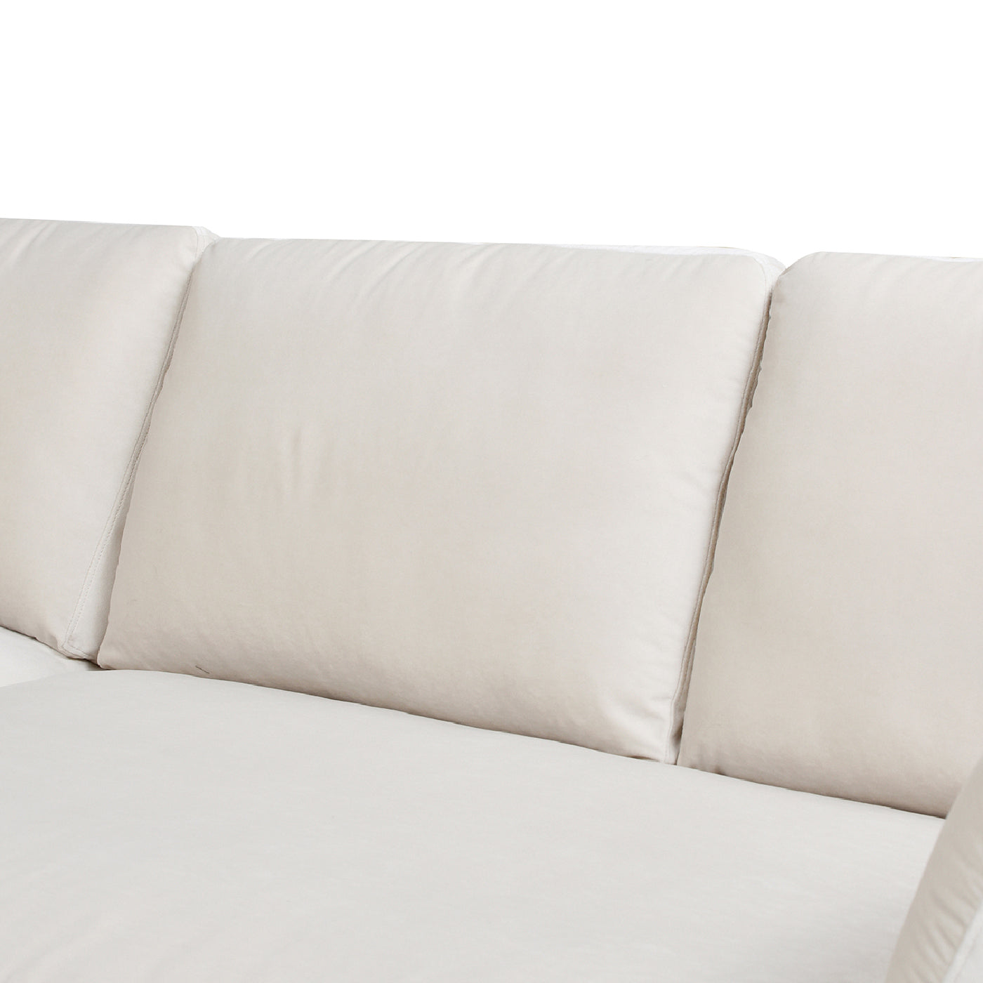 Soft beige linen sofa with plush seat cushions and plush back pillows