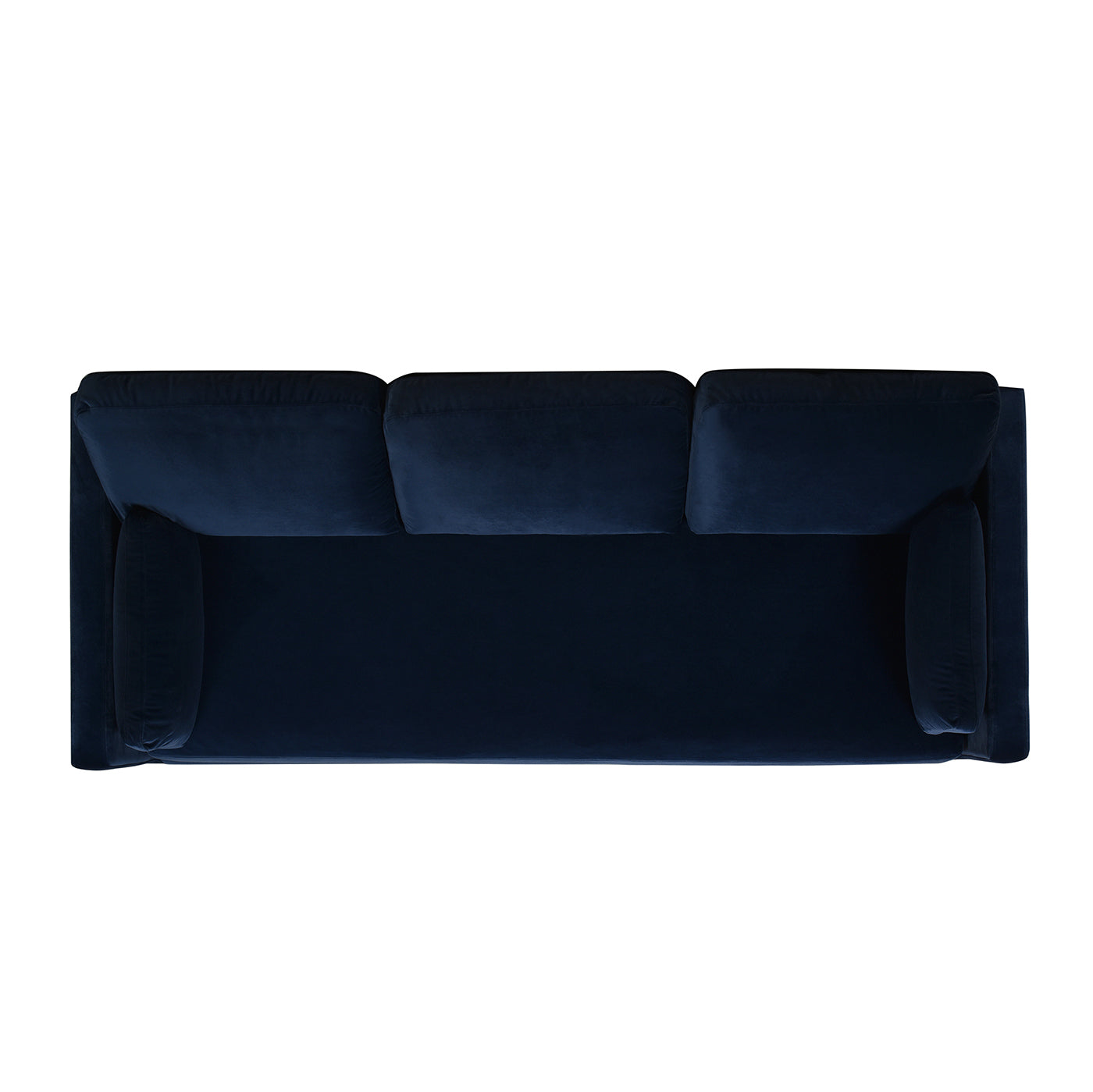 Deep blue velvet threeseater sofa with plush cushions