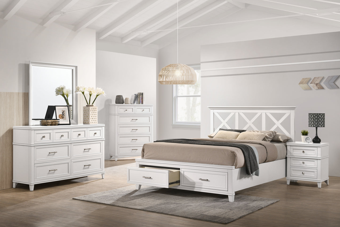White wooden drawer dresser with mirror and decorative items
