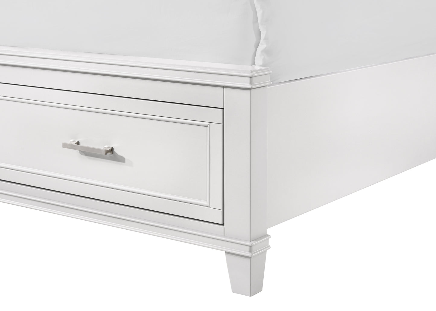 White wooden bed frame with integrated drawer and brushed nickel pull