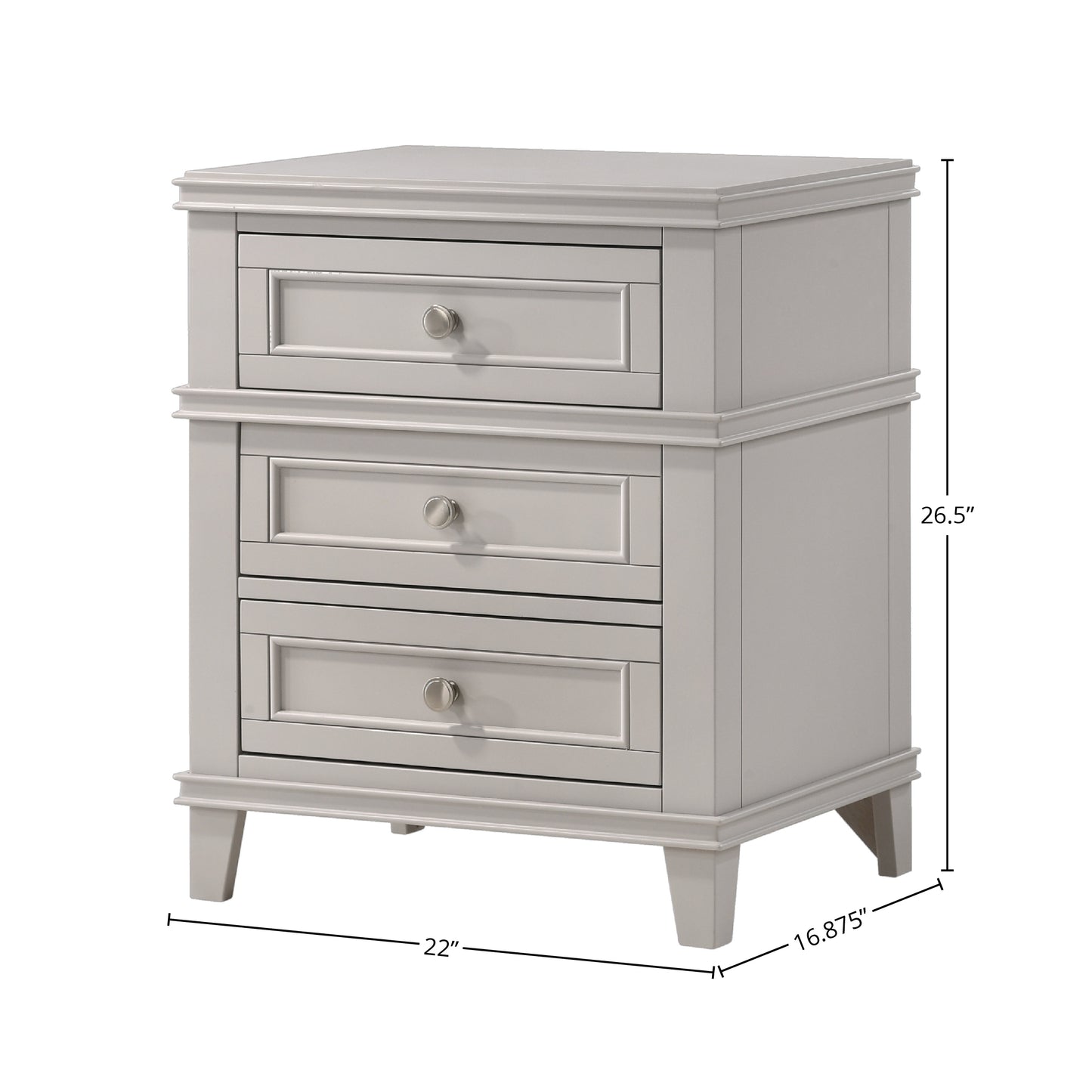Gray wood nightstand with three drawers