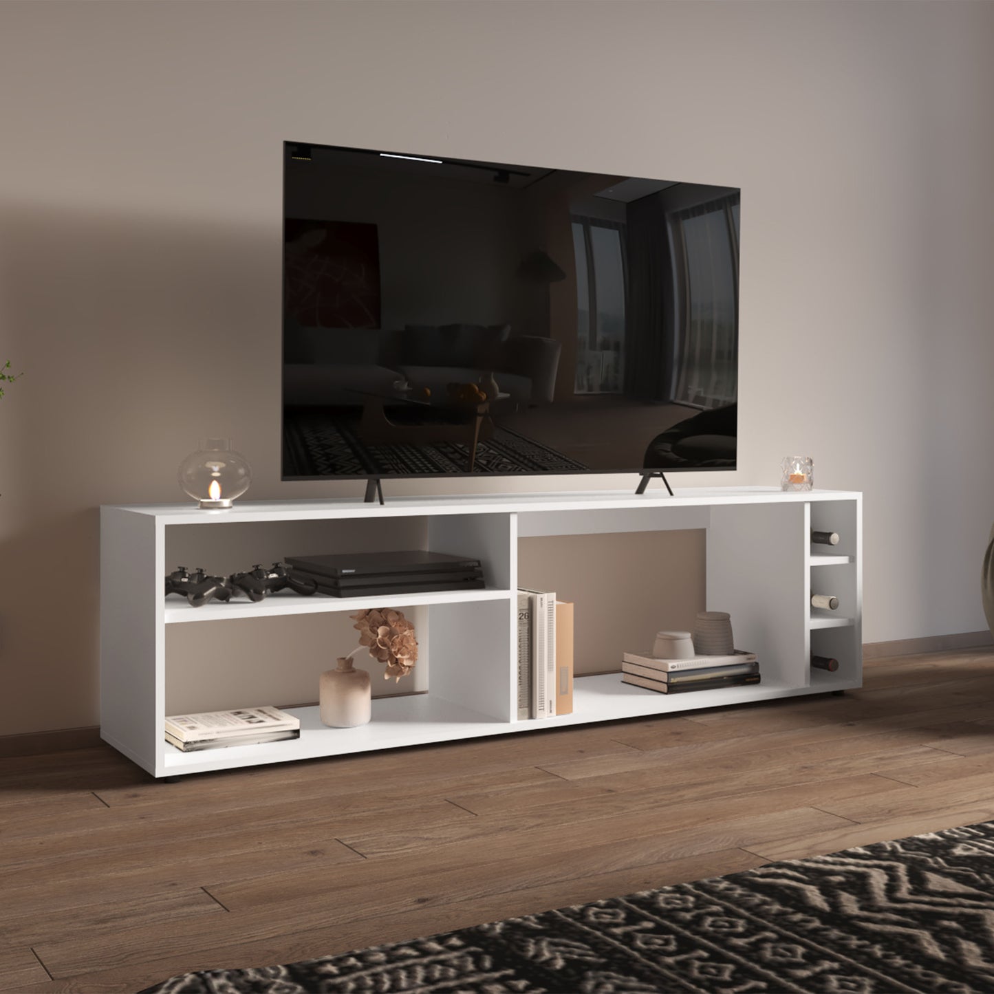 White modern media console with wine rack holding consoles books and decor