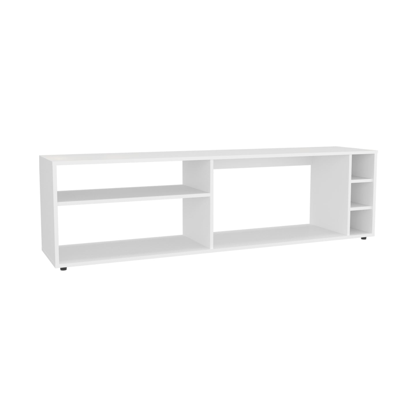 White minimalist media console with open shelving and cubbies