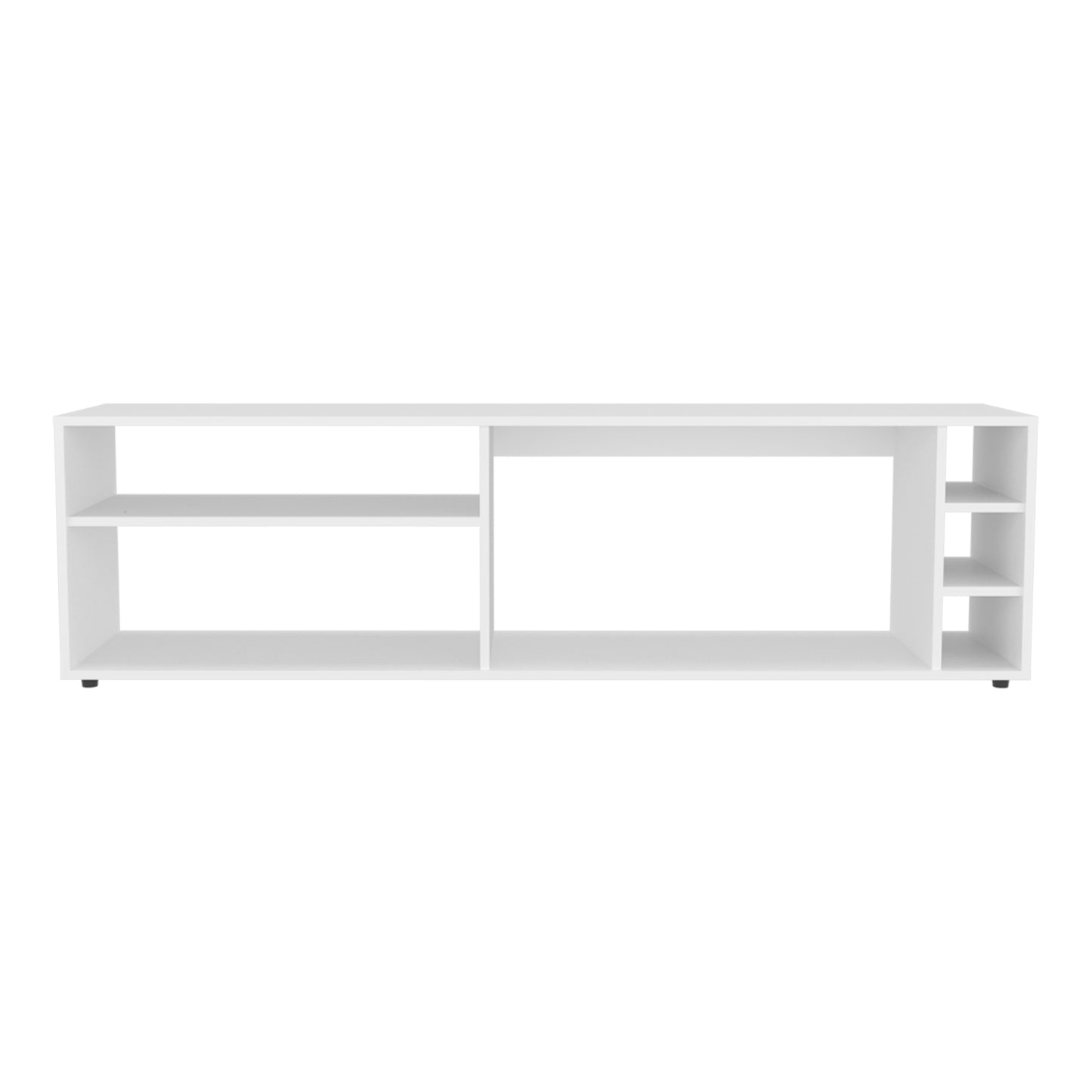 Modern white media console with open shelving and a sleek minimalist design