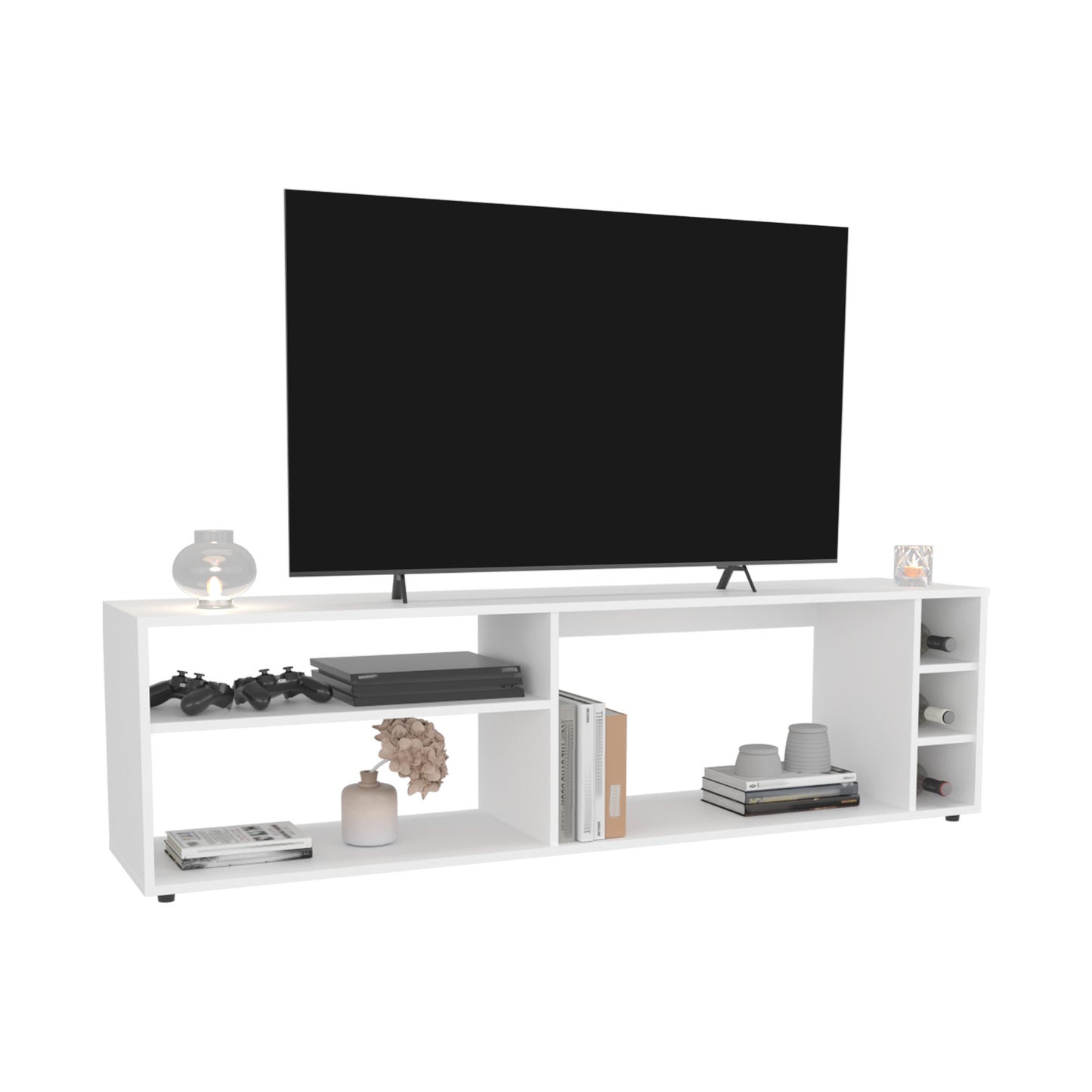 White media console with shelves and wine rack