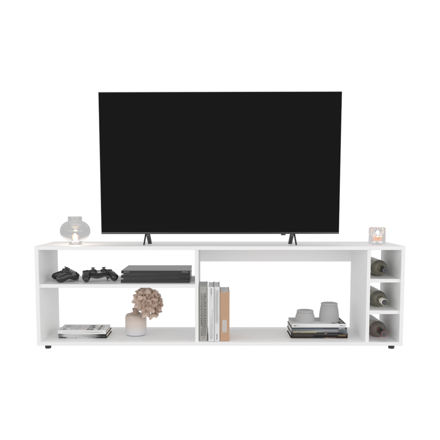 White modern TV stand with open shelving and wine rack