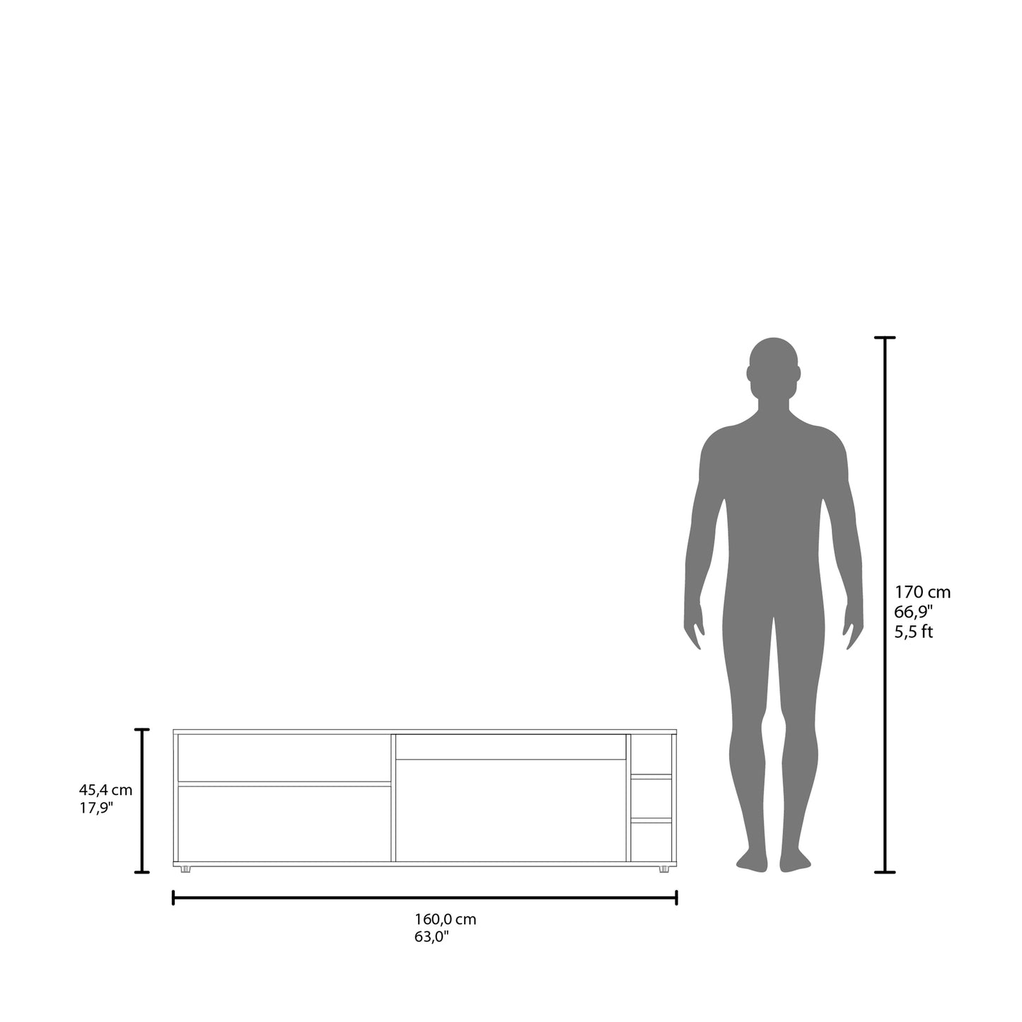 Diagram showing dimensions of a white media console with a cm person for scale
