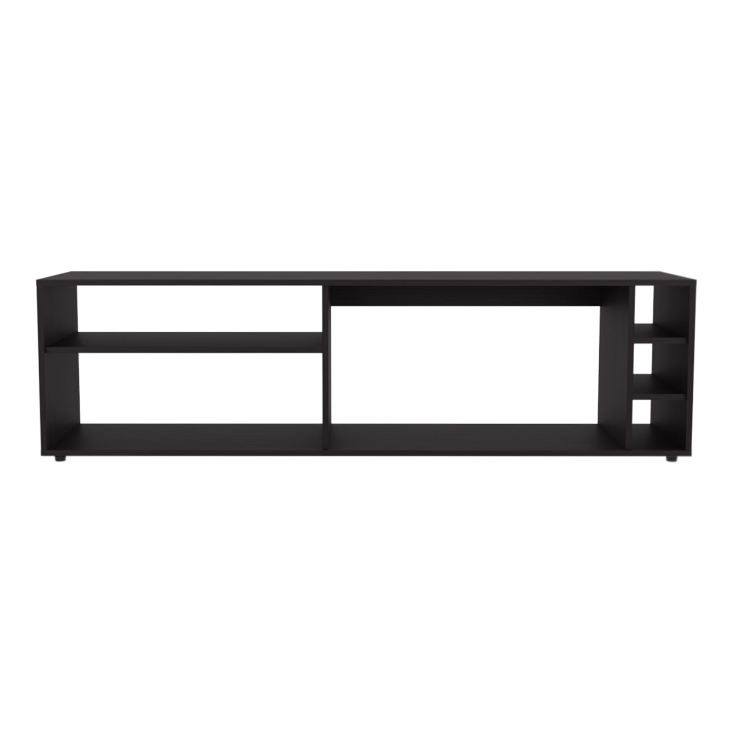 Sleek black media console with open shelving for entertainment systems