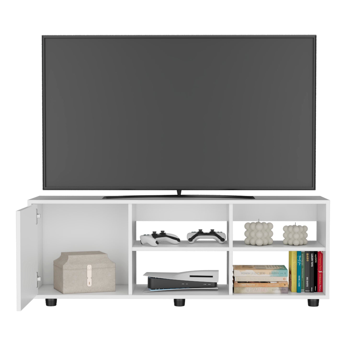 Modern white media console with storage shelves and cabinet
